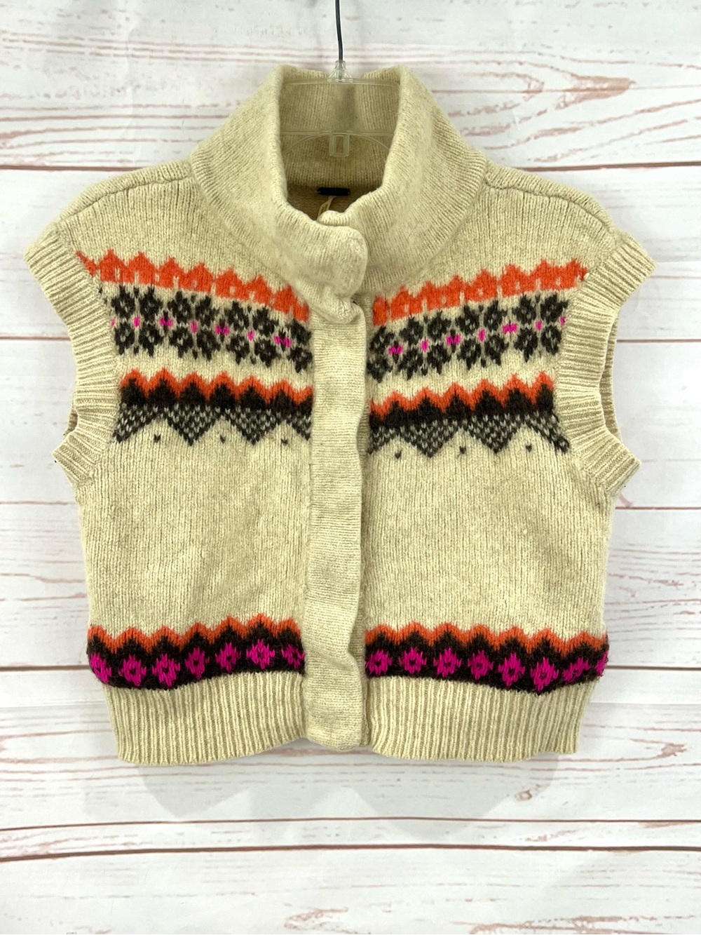 Free People Fair Aisle Knit Wool Mohair Crop Snap Cardigan Sweater Vest